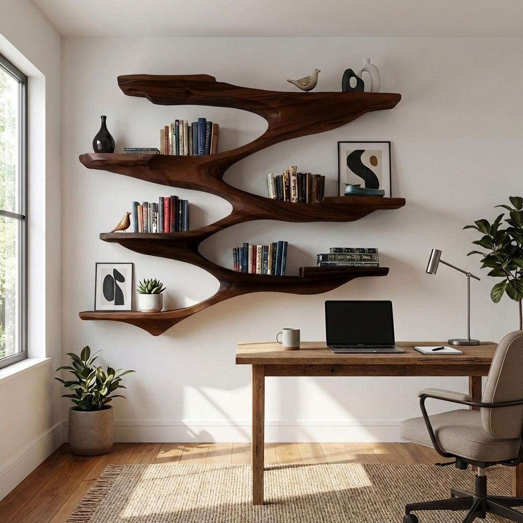 Mid Century Wooden Wall Floating Shelf, Handcrafted Solid Wood Storage Shelf for Living Room