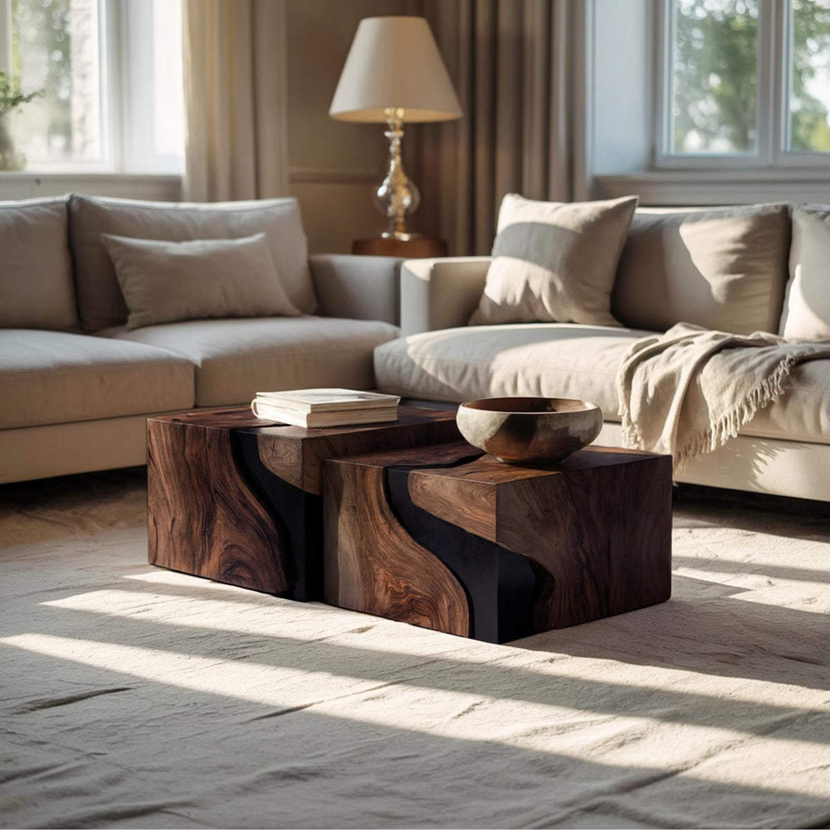 Spry Interior Farmhouse Solid Wood Cube Coffee Table, Rustic Handcrafted Wooden Block End Table & Nightstand for Cozy Bedroom, SILDTTNCF053