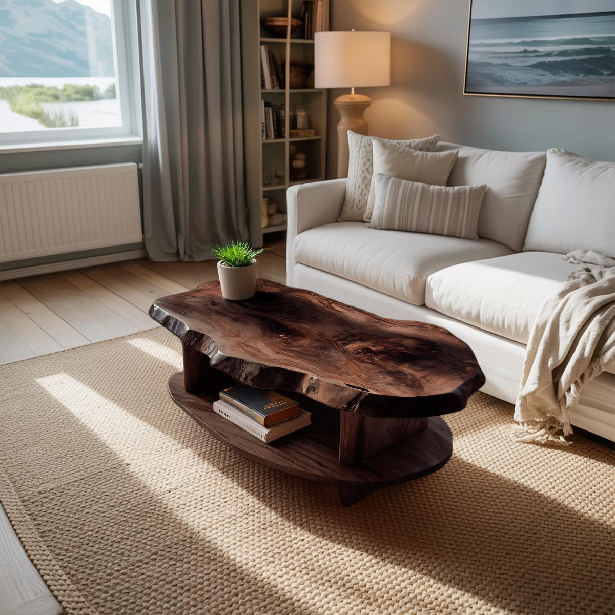 Rustic Wooden Coffee Table with Live Edge & Open Storage Shelf, Solid Wood Center Table, Model