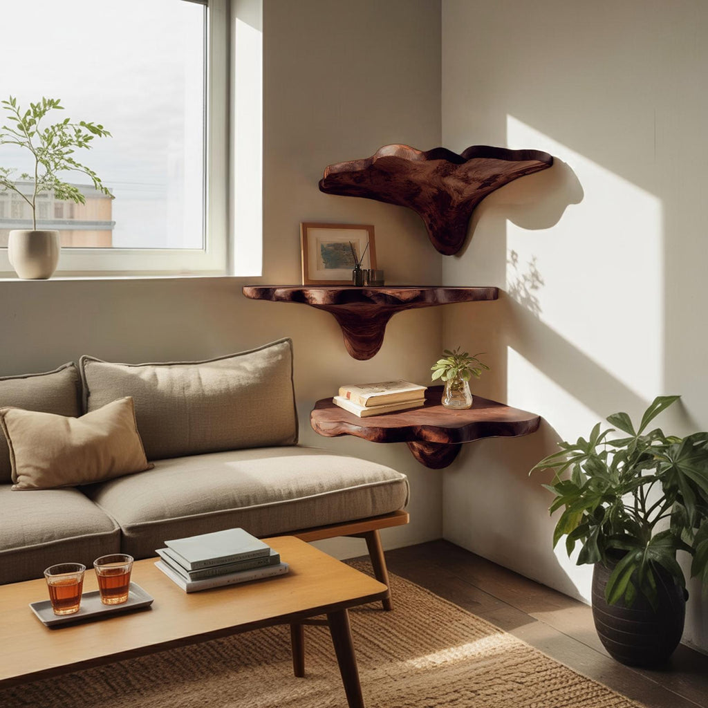 Handcrafted Wooden Live Edge Mushroom Shelf For Entryway Design
