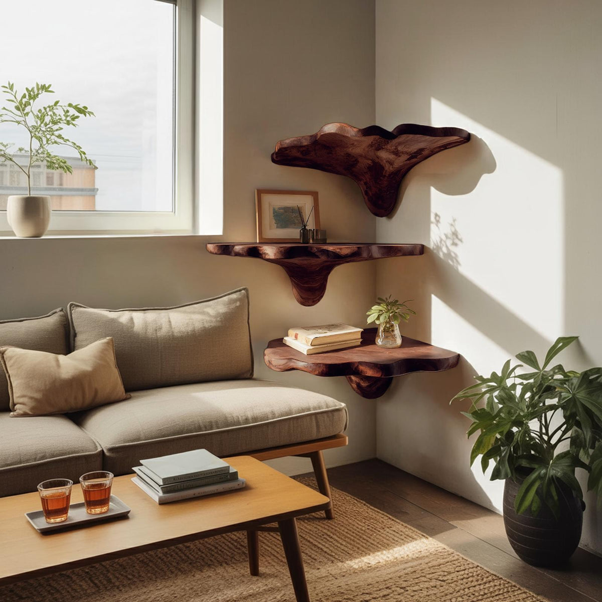 Handcrafted Wooden Live Edge Mushroom Shelf For Entryway Design