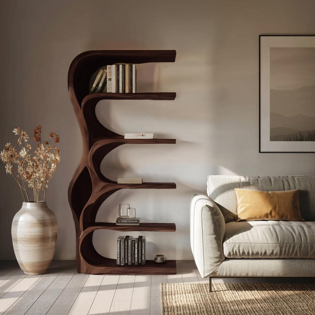 Organic Bookshelf With Curved Open Shelving For Bedroom Decor