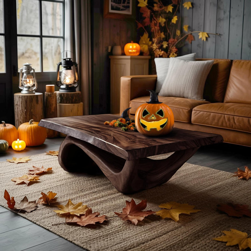 Modern Solid Wood Coffee Table, Spooky Haunted Style Live Edge Wooden Table Top for Halloween Living Room Decor