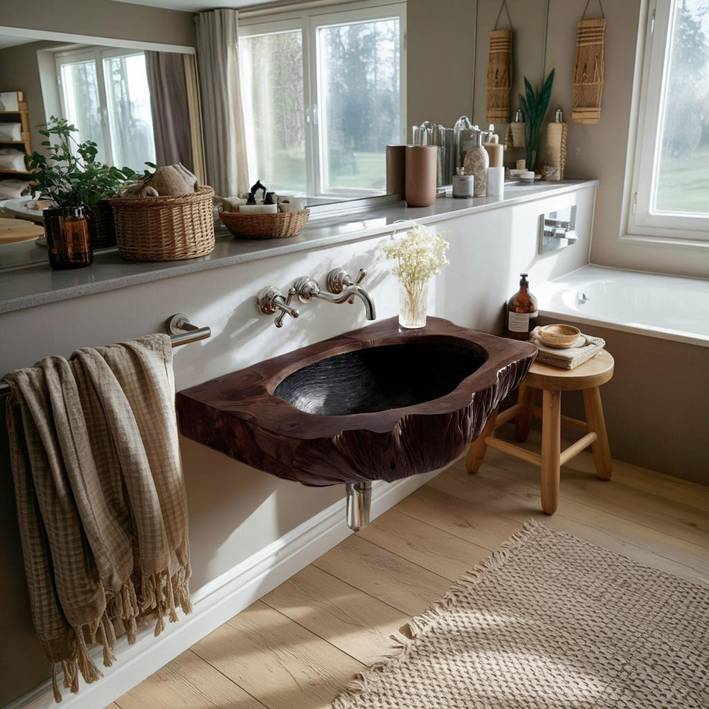 Mid Century Wall Mounted Wooden Bathroom Sink Vanity, Handcrafted Rustic Solid Wood Floating Wash Basin