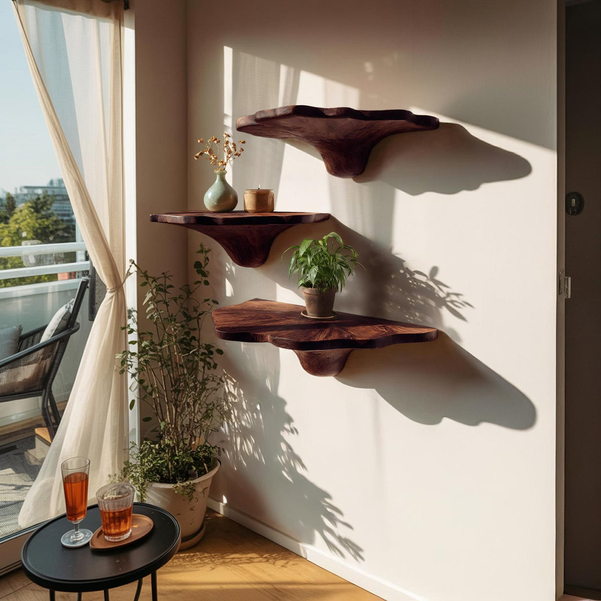 Handcrafted Wooden Mushroom Shelf For Artistic Living Room Decor