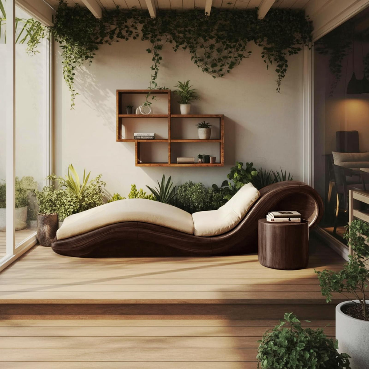 Mid Century Modern Wooden Daybed, Handcrafted Outdoor Patio Solid Wood Lounge Sofa Bed Bench for Backyard Garden Porch Design