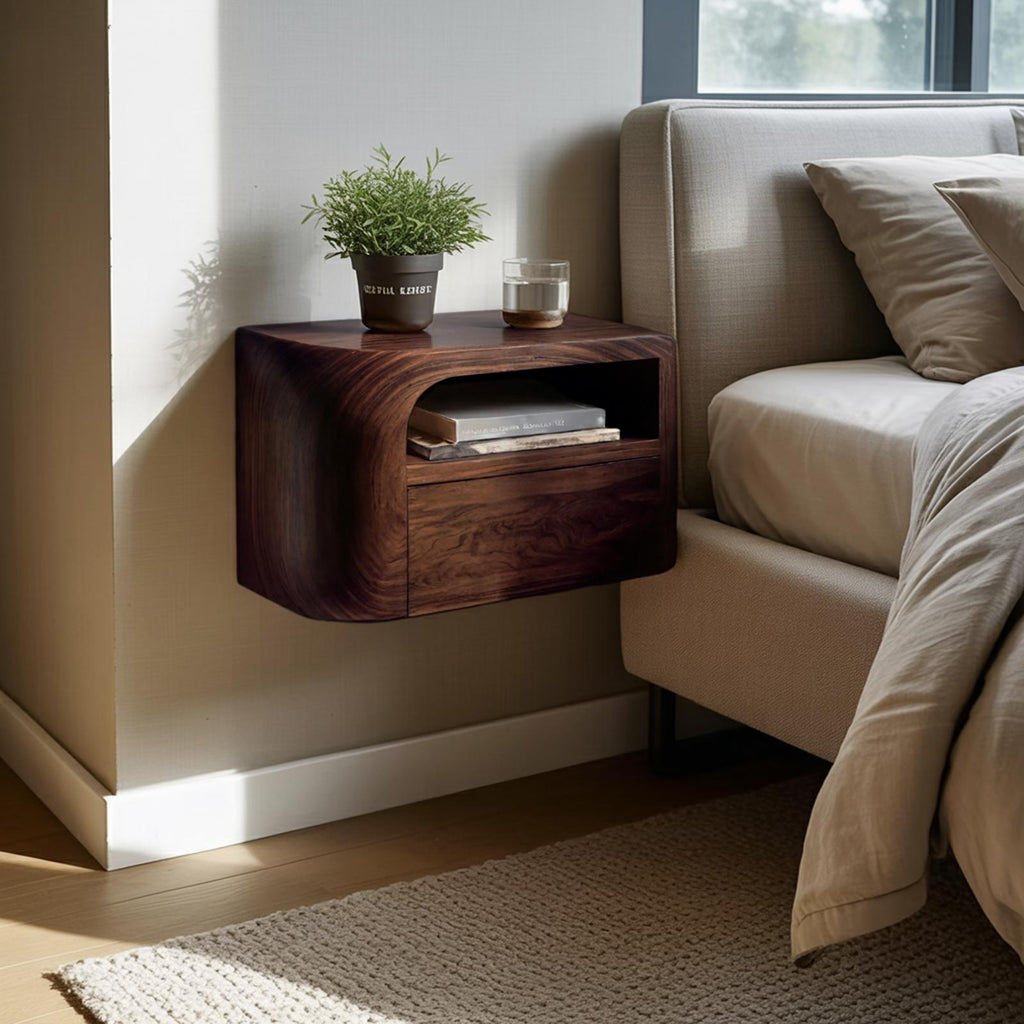 Spry Interior Modern Floating Nightstand, Minimalist Wall Mounted Wood Bedside Table with Drawer for Bedroom, Model RTTHHNNS008