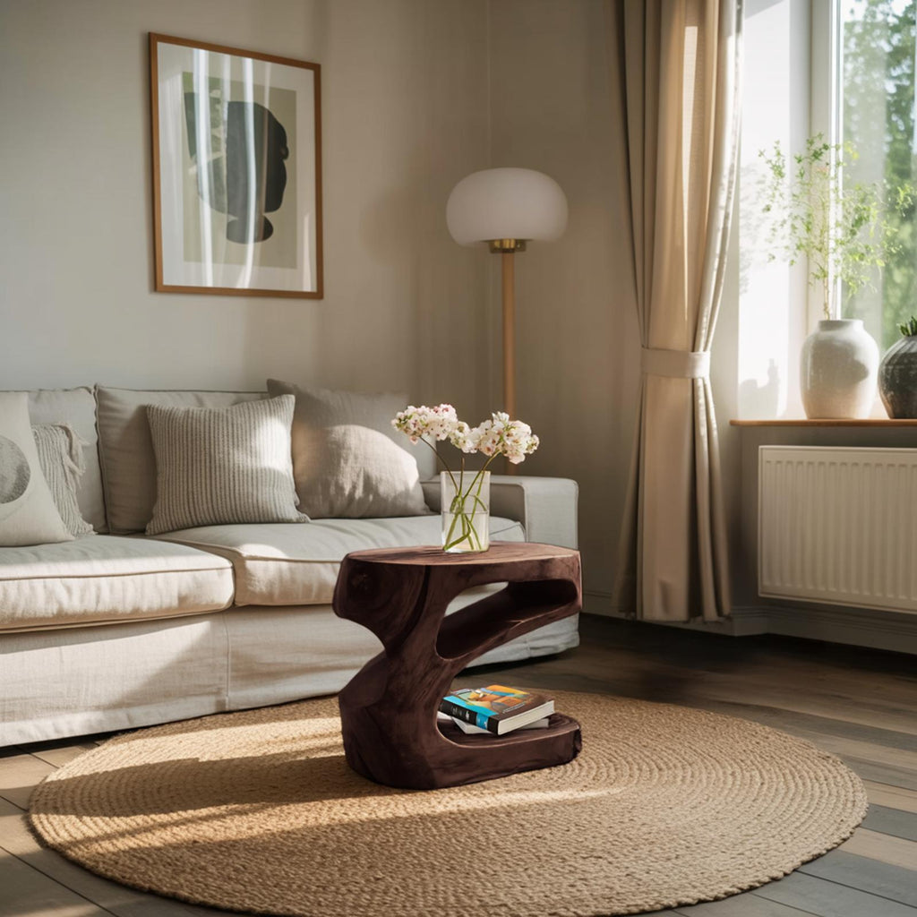 Artistic Side Table with Storage Shelf, Handcrafted Solid Wood End Table & Nightstand for Living Room, Model