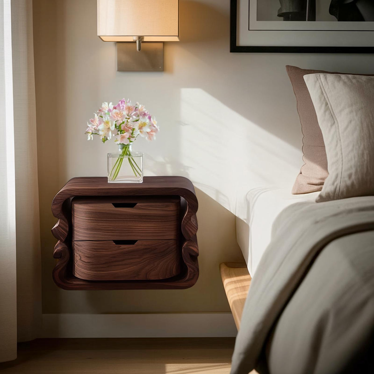 Spry Interior Sculptural Floating Nightstand, Modern Wall Mounted Wooden Bedside Table with Open Shelf, Model RTTHHNNS009