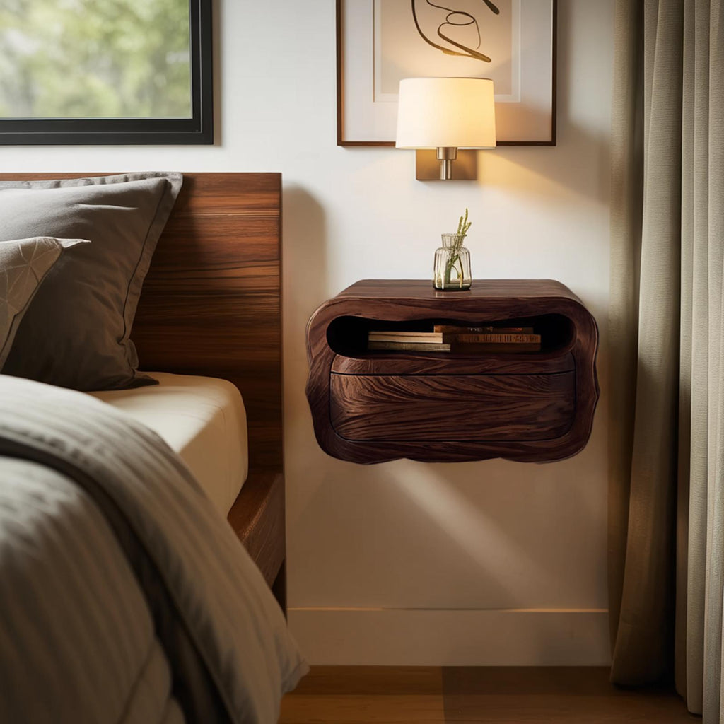 Spry Interior Modern Floating Nightstand with Soft Curves, Wall Mounted Wooden Bedside Table with Drawer, Model RTTHHNNS011