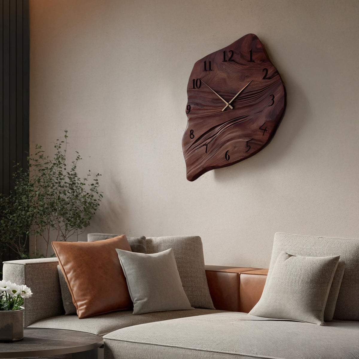Minimalist Wall Clock, Handcrafted Organic Shape Solid Wood Decorative Timepiece for Living Room