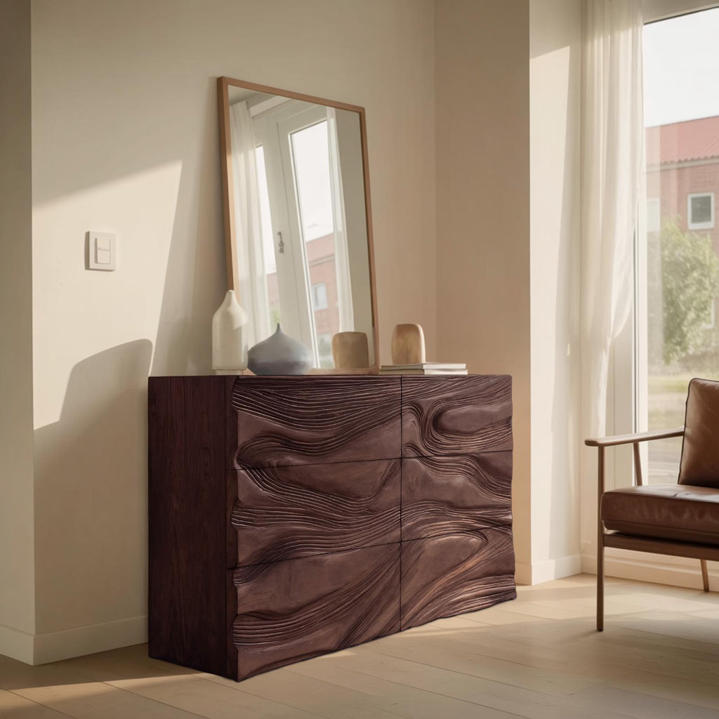 Minimalist Wooden Sideboard with Sculpted Wave Front, Handcrafted Solid Wood Credenza for Living Room Decor, Model