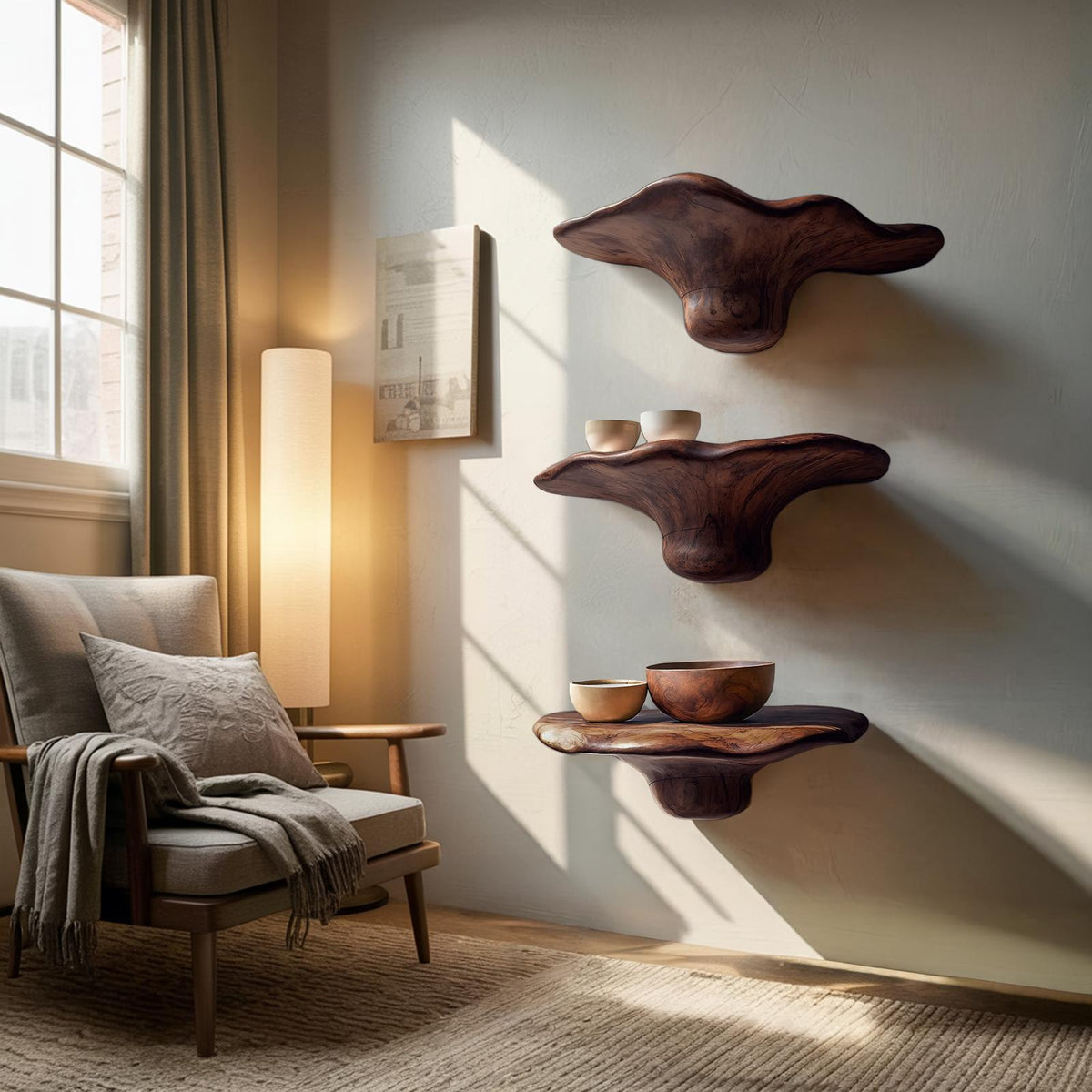 Handcrafted Solid Wood Mushroom Shelf For Bedroom Wall Decor