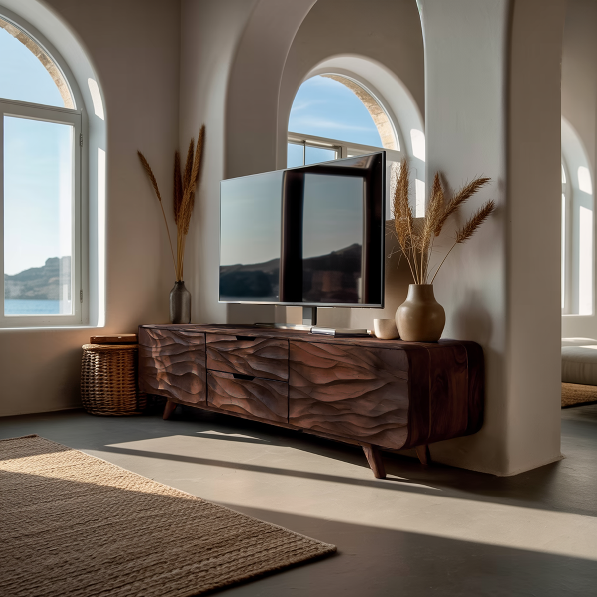 Handcrafted Wooden TV Stand with Stylish Storage Cabinets, Modern Artisan Media Console for Living Room