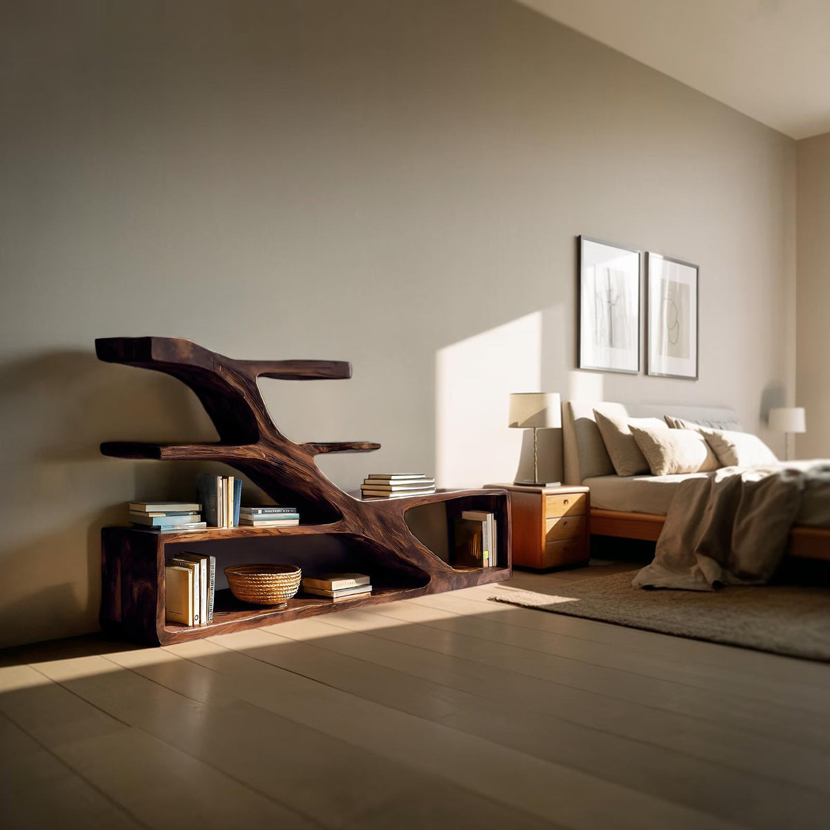 Modern Sculptural Curved Bookcase, Handcrafted Wood Bookshelf with Arched Shelves for Living Room & Home Library