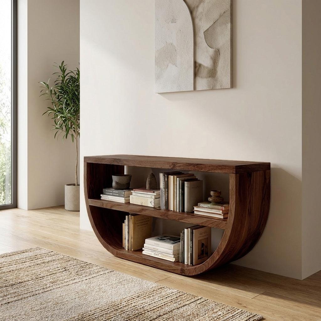 Organic Wooden Console Table With Storage For Living Room