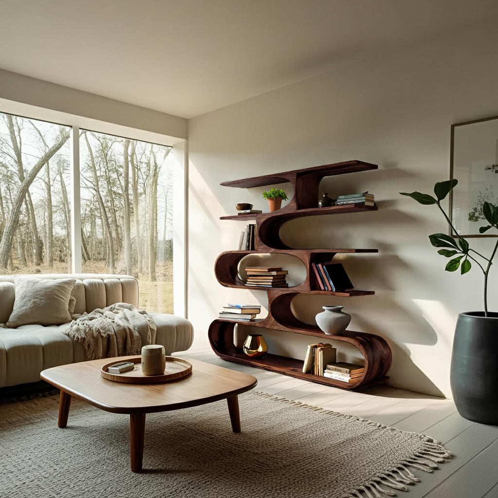 Artistic Curved Bookcase, Handcrafted Wood Bookshelf with Sculptural Design for Modern Living Room Decor