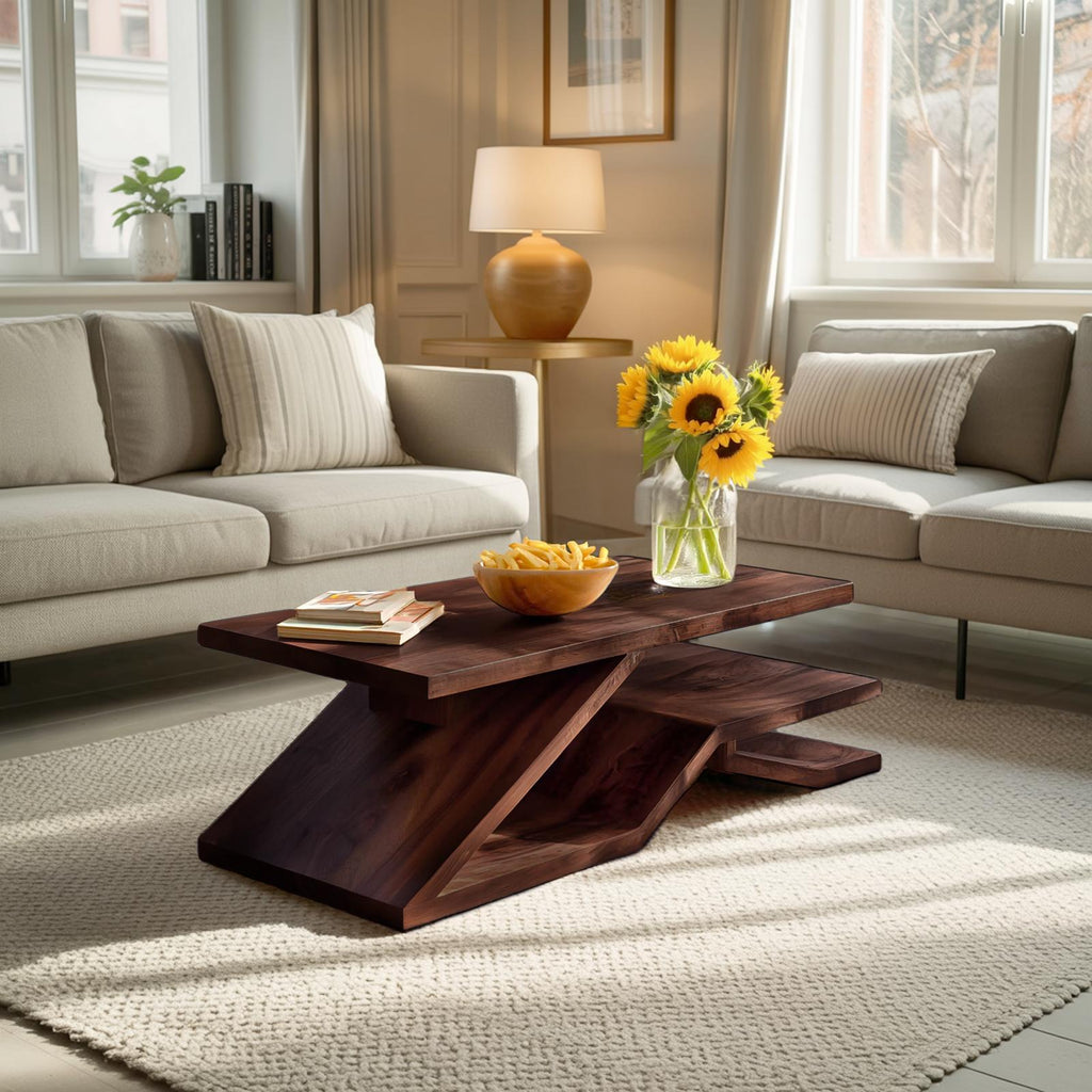 Rustic Coffee Table with Shelf Storage, Handcrafted Solid Wood Center Table for Living Room Decor, Model