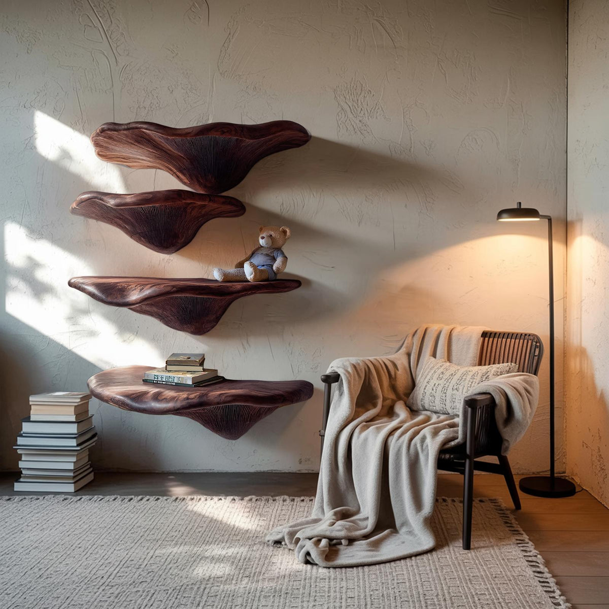 Mid Century Solid Wood Mushroom Shelf For Living Room Wall Decor