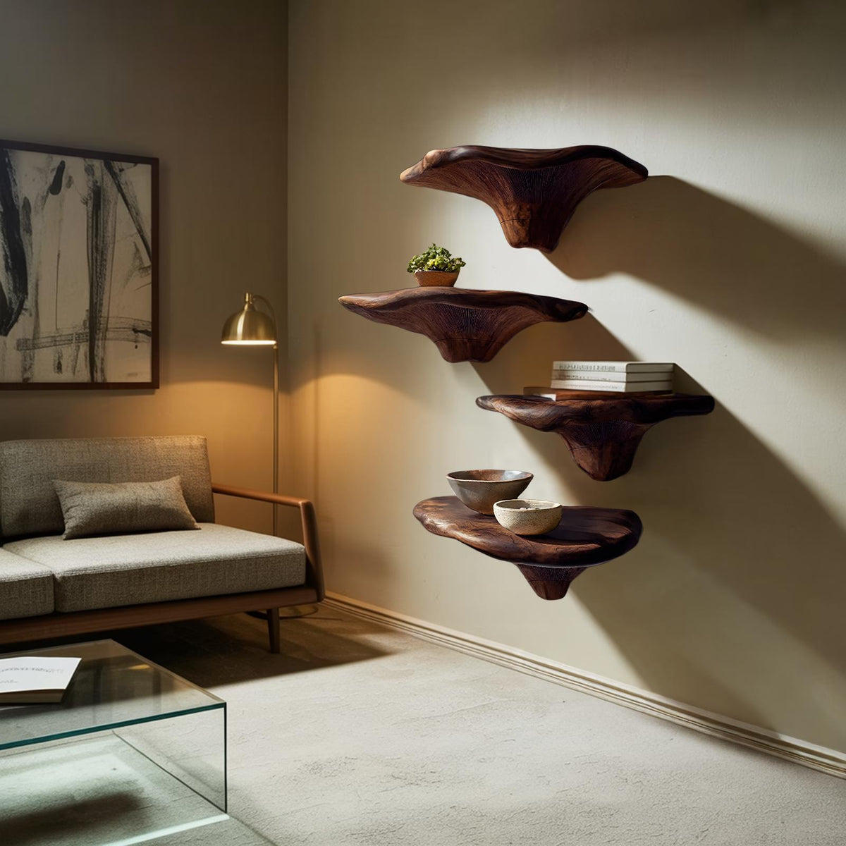 Handcrafted Wooden Live Edge Mushroom Shelf For Furniture Decor