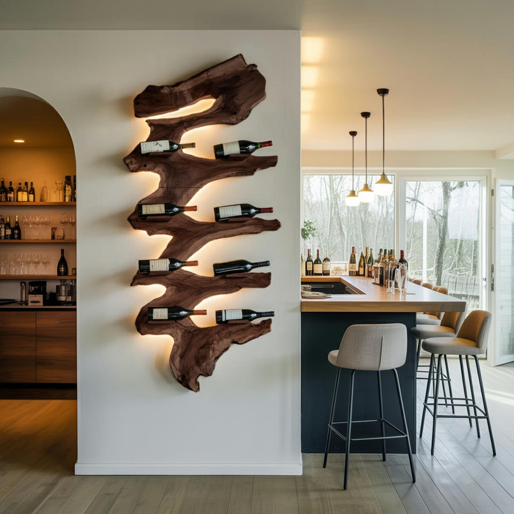 Modern Solid Wood Wine Rack, Handcrafted Wooden Wine Bottle Holder Shelf for Living Room
