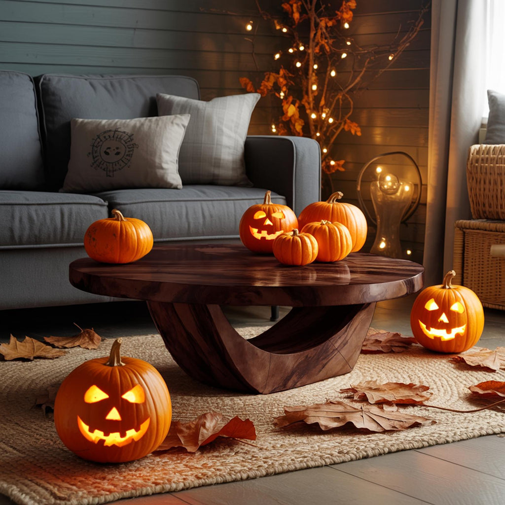 Modern Solid Wood Coffee Table, Ghostly Halloween Style Sculptural Live Edge Accent Table for Living Room
