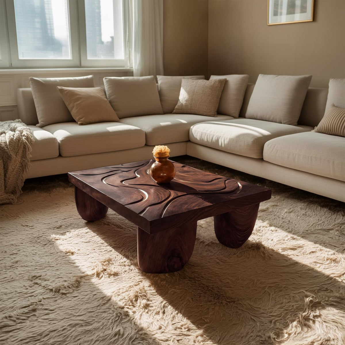 Spry Interior Mid Century Solid Wood Irregular Coffee Table, Handcrafted Natural Wooden Living Room Accent Table, SILDTTRCF067