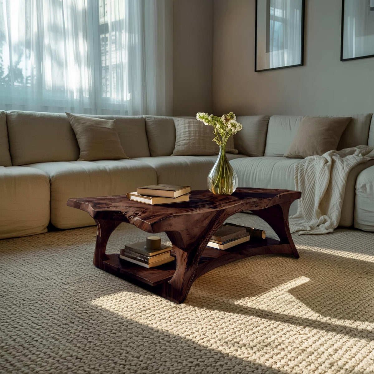 Spry Interior Handcrafted Wooden Coffee Table with Live Edge Legs, Solid Wood Center Table for Living Room Interior, Model RTTHTTCF034