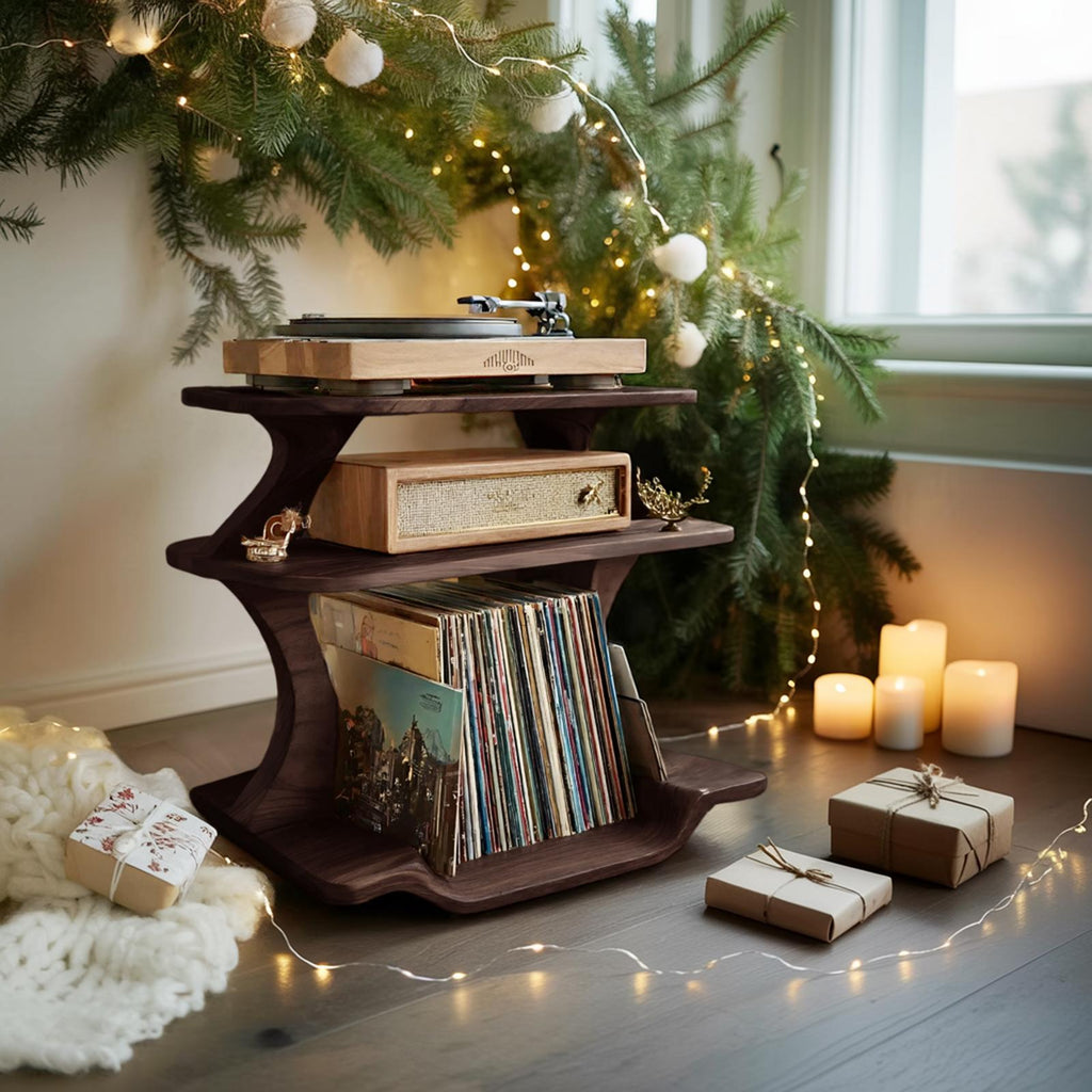 Mid Century Wooden Record Player Stand, Handcrafted LP Album Vinyl Storage Shelf for Christmas Home Decor