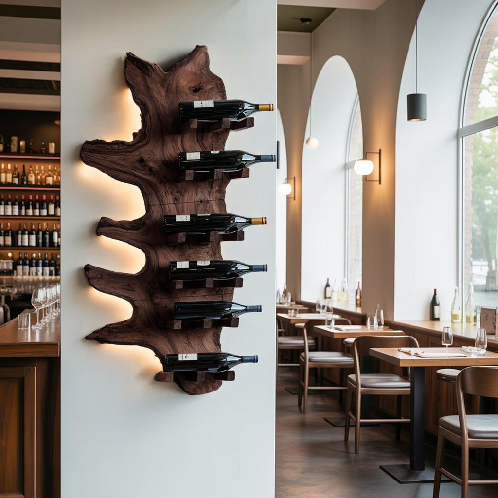 Modern Live Edge Wooden Wine Rack, Handcrafted Solid Wood Bottle Storage Holder Display Shelf