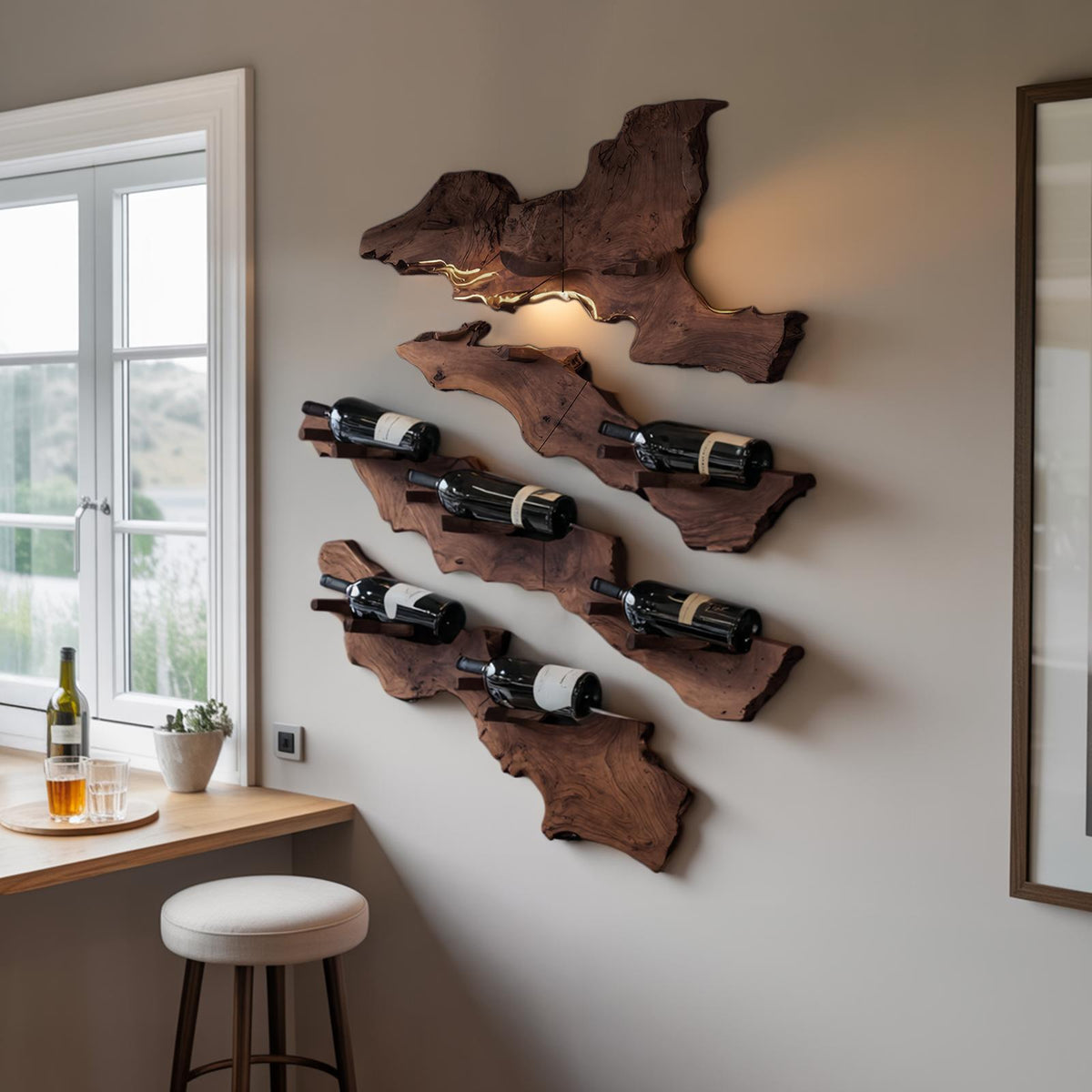 Handcrafted Live Edge Wooden Wine Holder, Rustic Solid Wood Bottle Storage Rack for Bar Decor