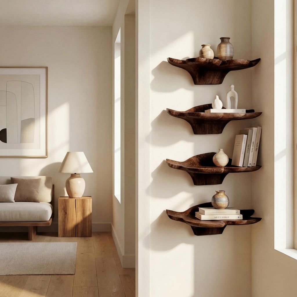 Mid Century Leaf Wall Shelf, Artistic Wooden Plant & Book Display Rack Floating Shelf for Office Home Decor