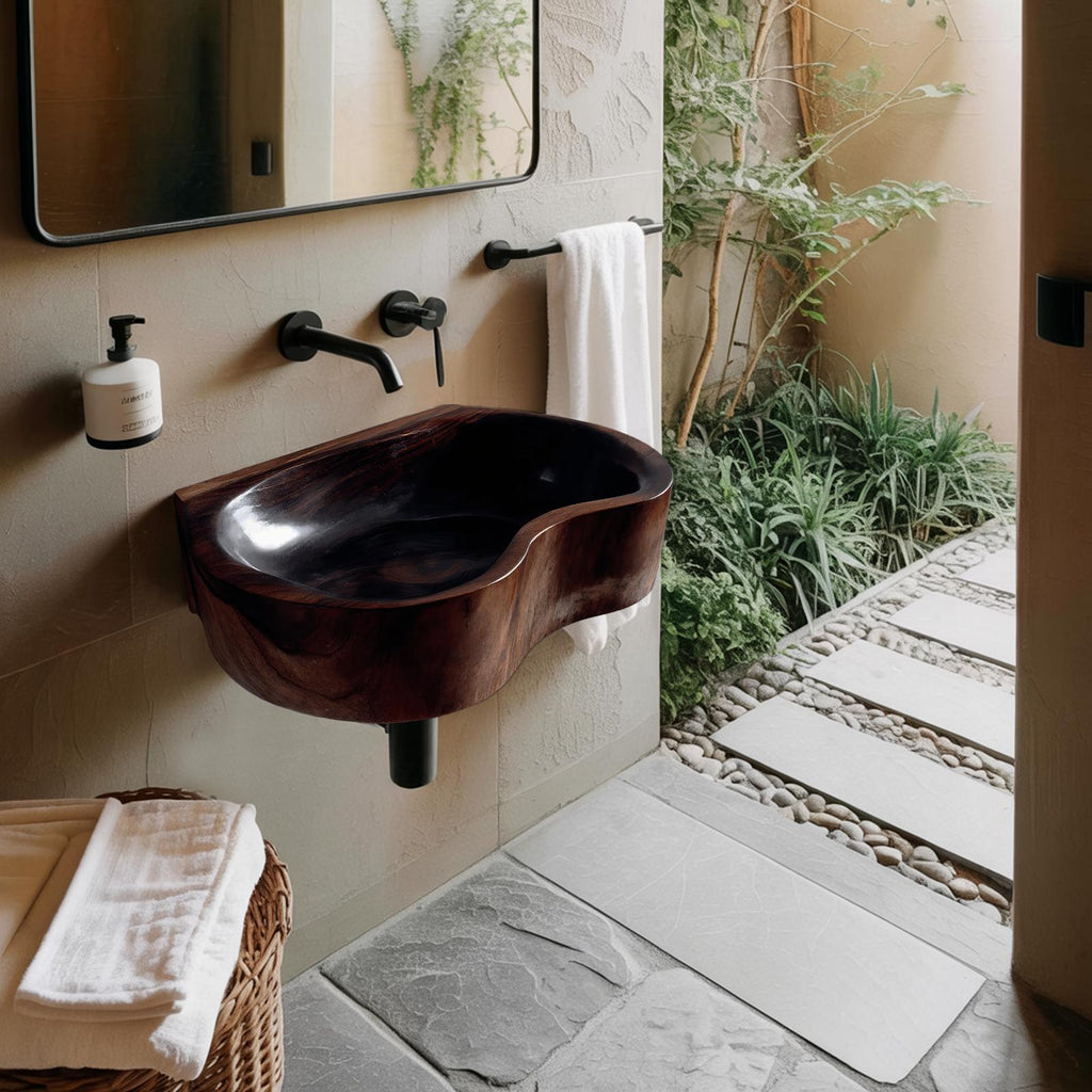 Mid Century Solid Wood Vessel Sink, Elegant Handcrafted Wooden Bathroom Wash Basin for Vanity Top