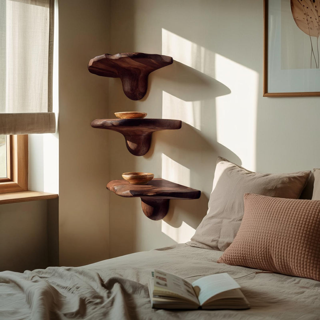 Handcrafted Solid Wood Mushroom Shelf For Bedroom Furniture Decor