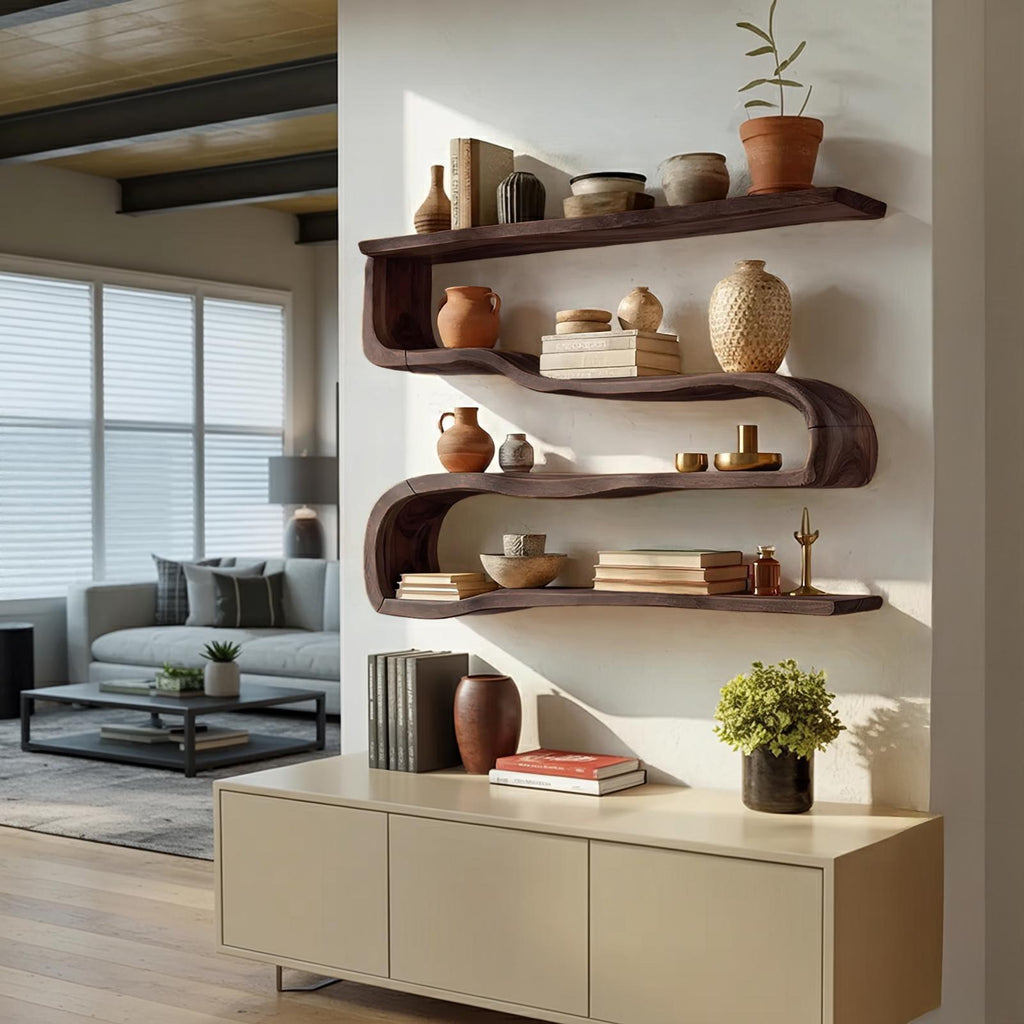 Modern Wooden Shelving Unit, Handcrafted Solid Wood Floating Wall Bookshelf & Display Rack for Living Room Storage Organizer