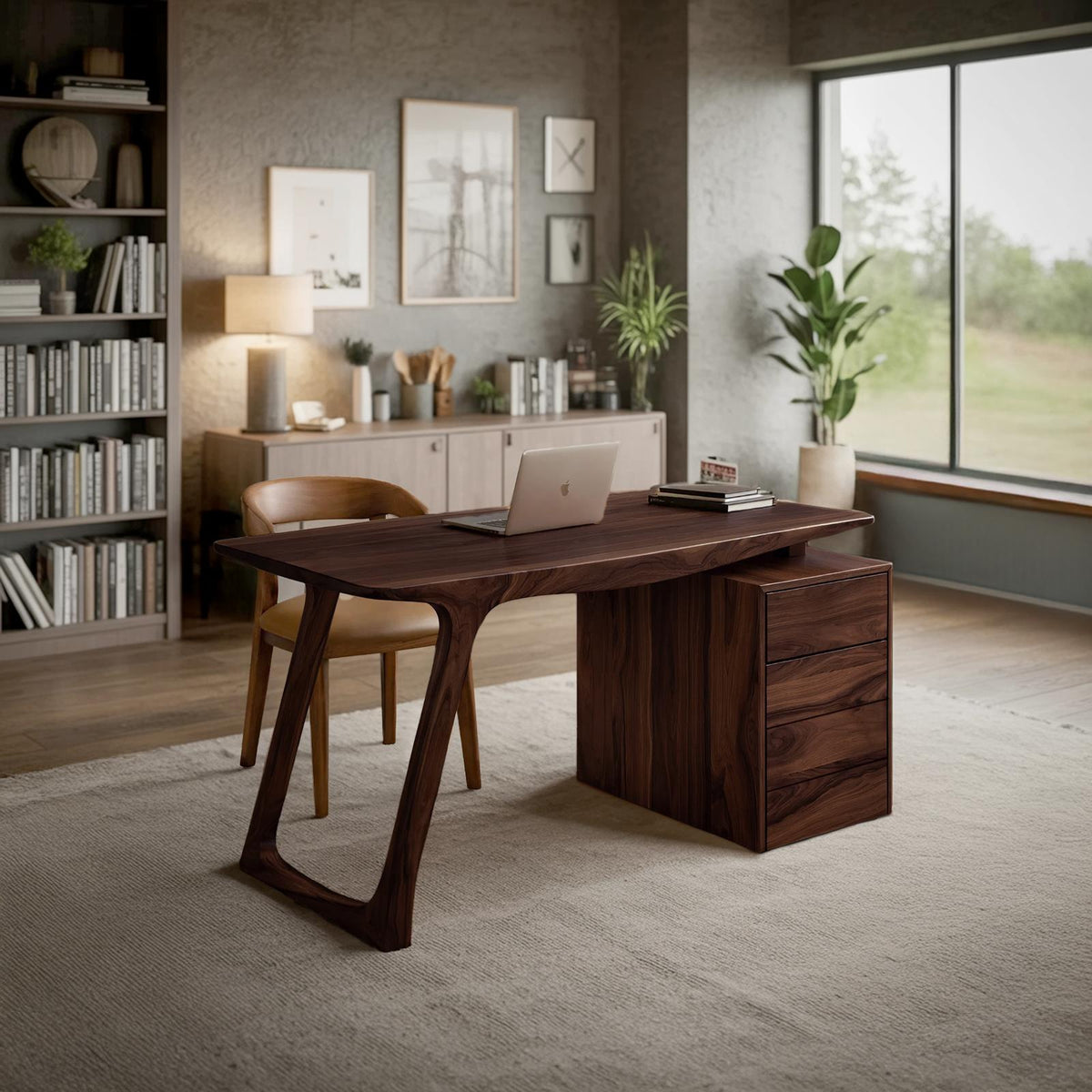 Contemporary Live Edge Office Desk With Storage Cabinet For Workspace