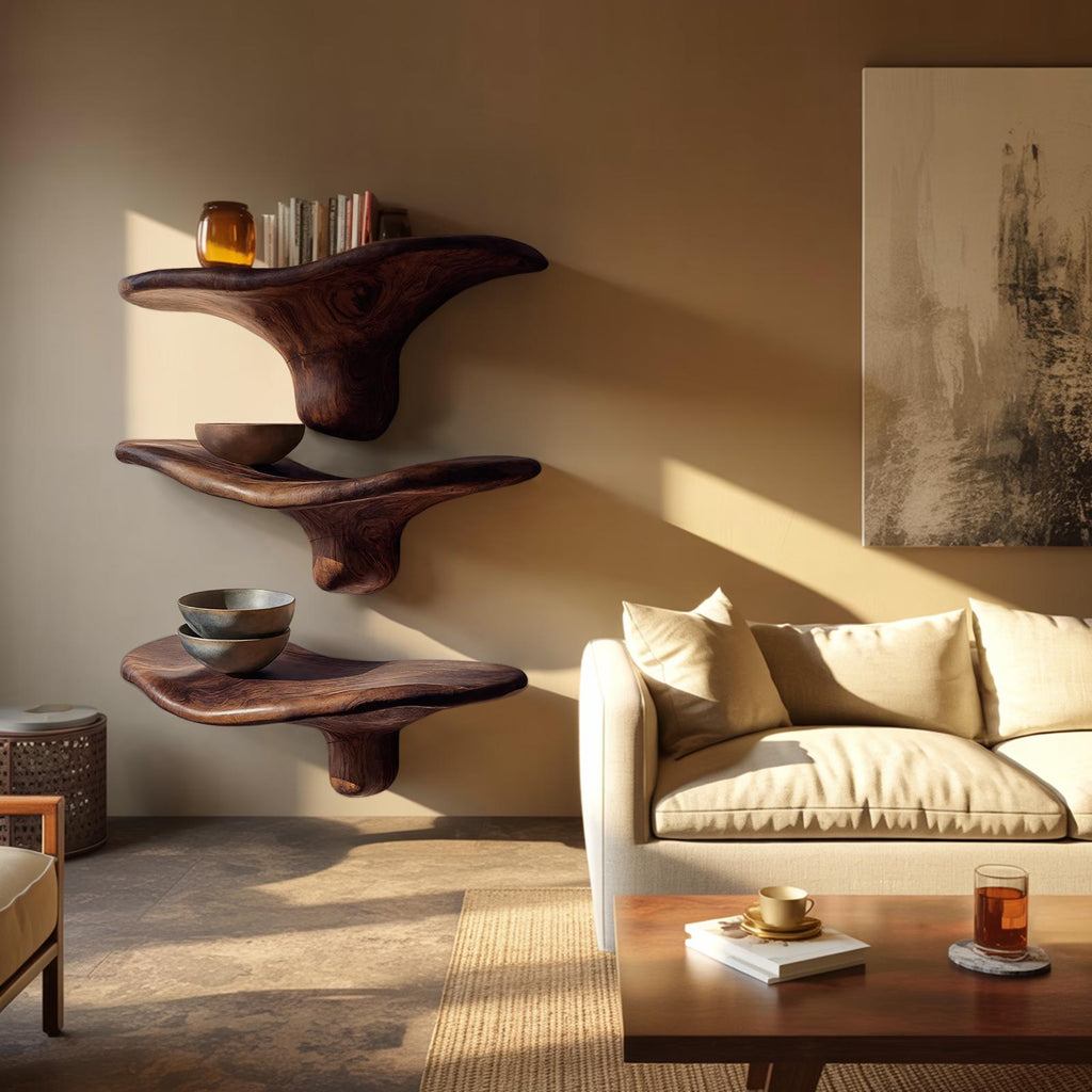 Modern Wooden Live Edge Mushroom Shelf For Minimalist Interior Decor