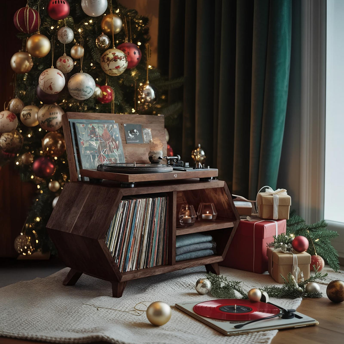 Handcrafted Wooden Record Stand, Rustic LP Vinyl Storage Shelf Organizer Cabinet for Bedroom Holiday Home Decor