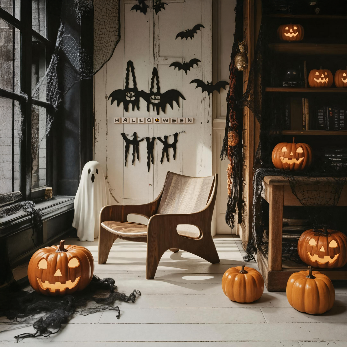 Farmhouse Solid Wood Accent Chair, Handcrafted Indoor Outdoor Lounge Armchair, Halloween Holiday Patio Furniture Decor