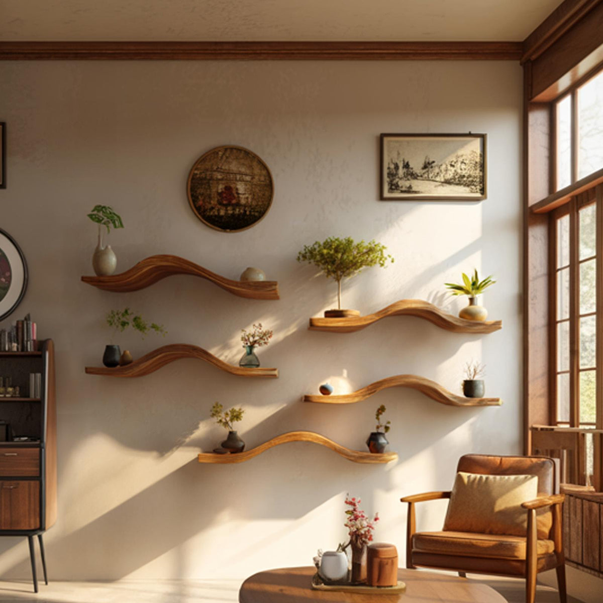 Curved Solid Wood Floating Shelves Organic Modern Living Room Interior