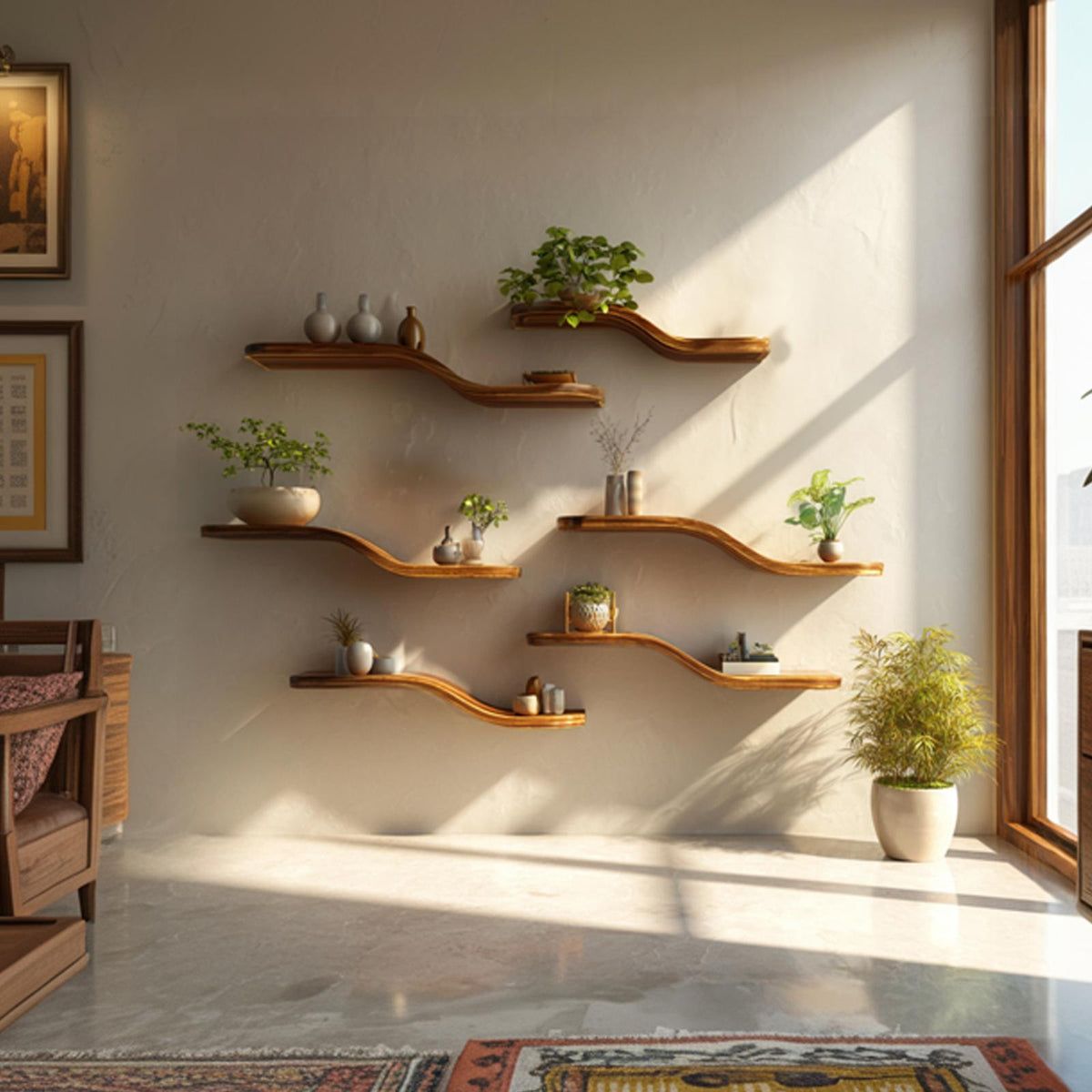 Organic Wave Solid Wood Shelf Floating Wall Media Display Interior