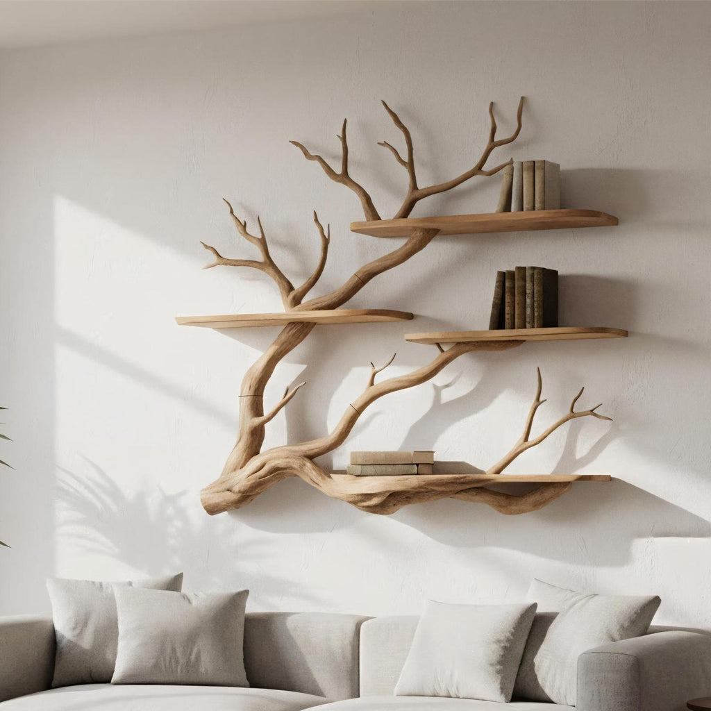 Nature Inspired Floating Wall Shelf, Handcrafted Tree Branch Wooden Bookshelf for Reading Room, Bedroom & Study