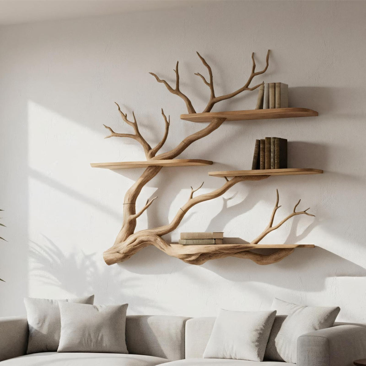 Nature Inspired Floating Wall Shelf, Handcrafted Tree Branch Wooden Bookshelf for Reading Room, Bedroom & Study
