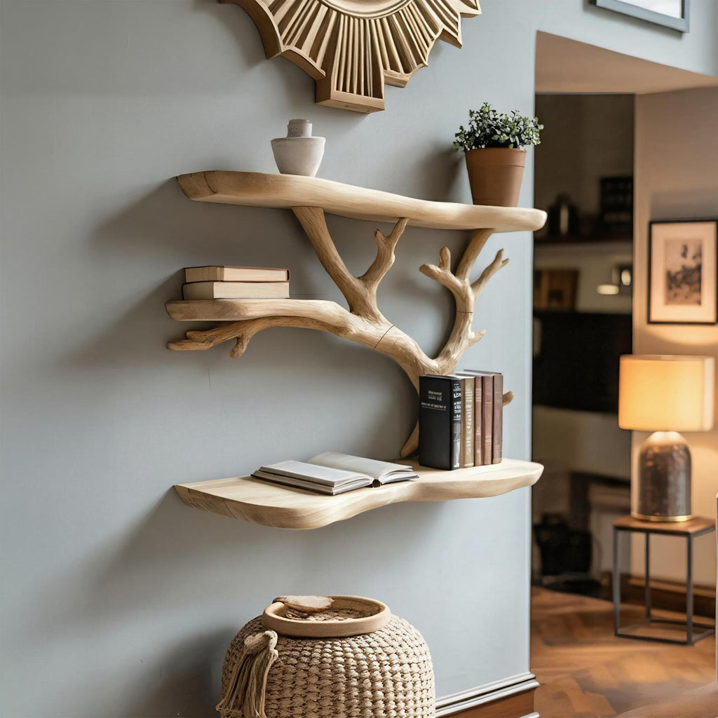 Tree Branch Shaped Floating Wall Shelf, Rustic Wood Display Bookshelf for Bedroom, Kids Room & Living Room Decor