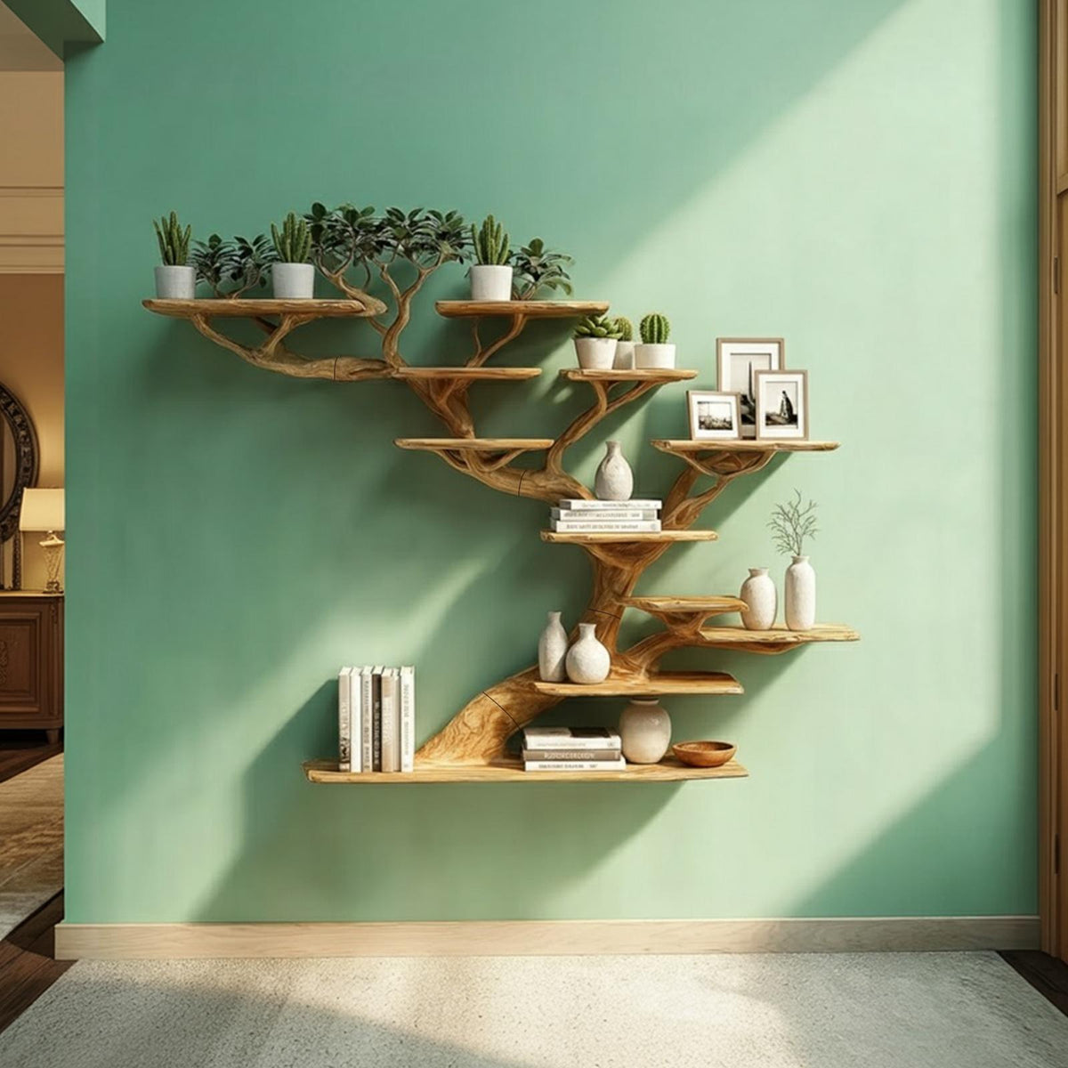 Rustic Organic Tree Branch Shelf, Handcrafted Wood Floating Bookshelf & Decorative Wall Art Display for Study, Lounge