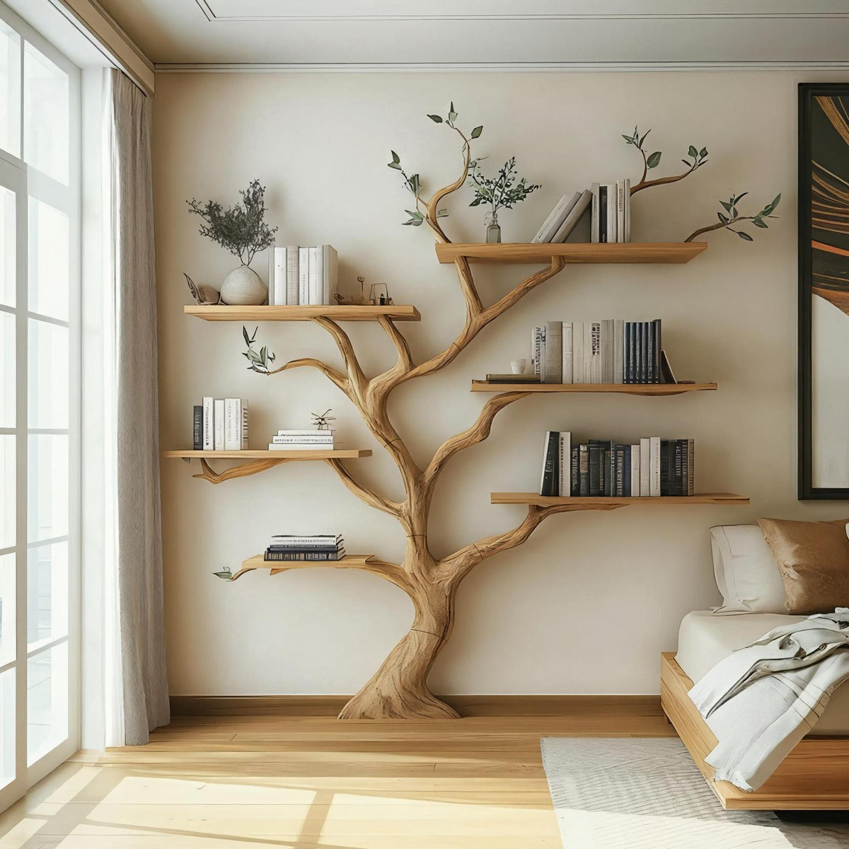 Rustic Nature Inspired Wood Branch Bookshelf, Handcrafted Floating Wall Mounted Bookcase Storage for Bedroom Decor