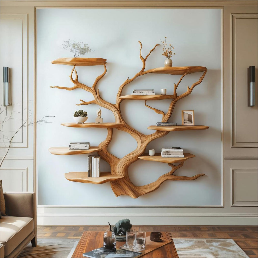 Sculptural Wood Branch Wall Shelf, Solid Wood Floating Shelf Storage Display Organizer for Living Room Art Decor