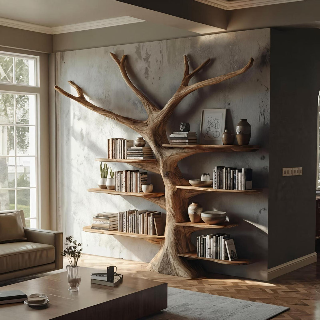 Rustic Tree Wall Mounted Bookshelf, Handcrafted Wood Branch Bookcase Storage, Floating Decorative Library Organizer