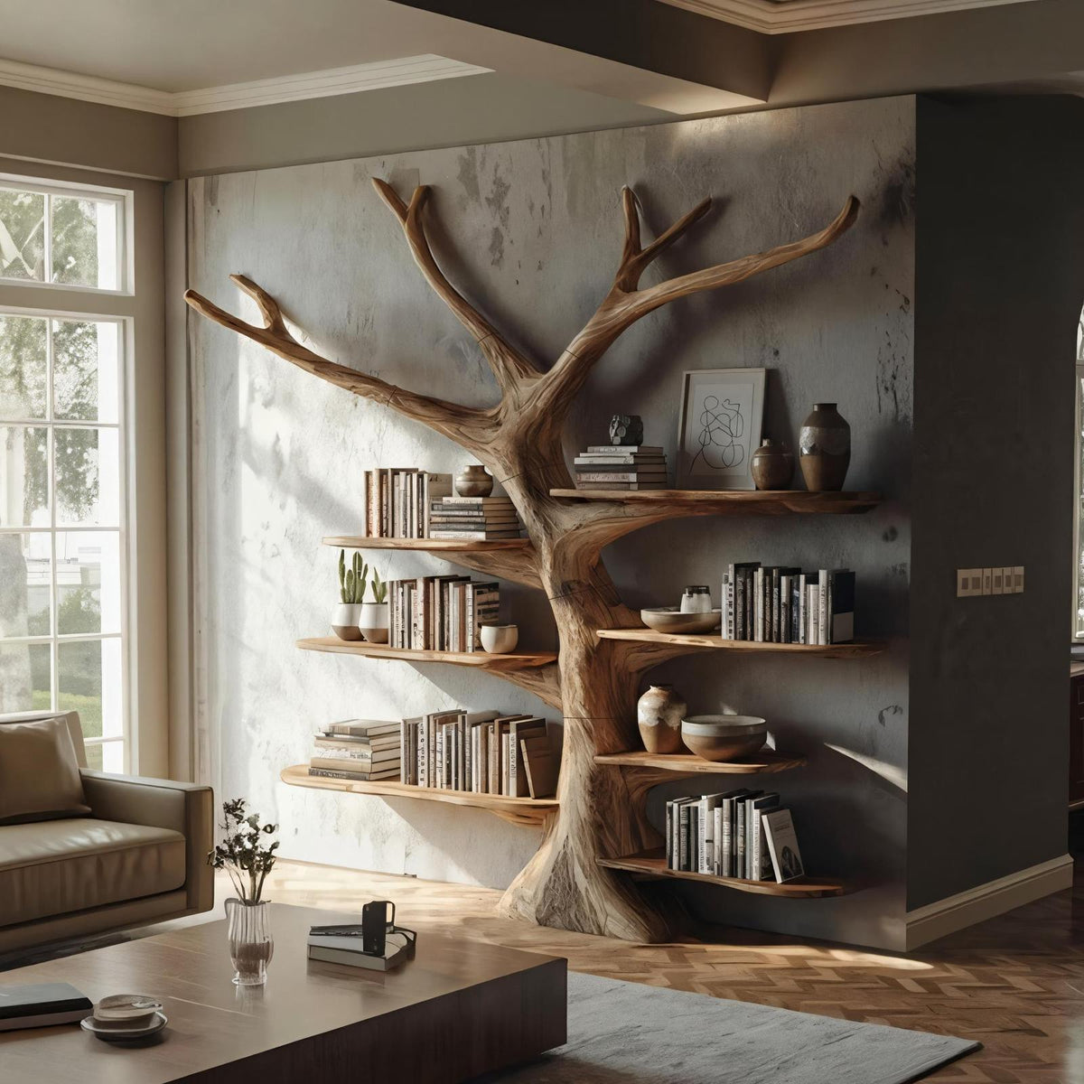 Rustic Tree Wall Mounted Bookshelf, Handcrafted Wood Branch Bookcase Storage, Floating Decorative Library Organizer