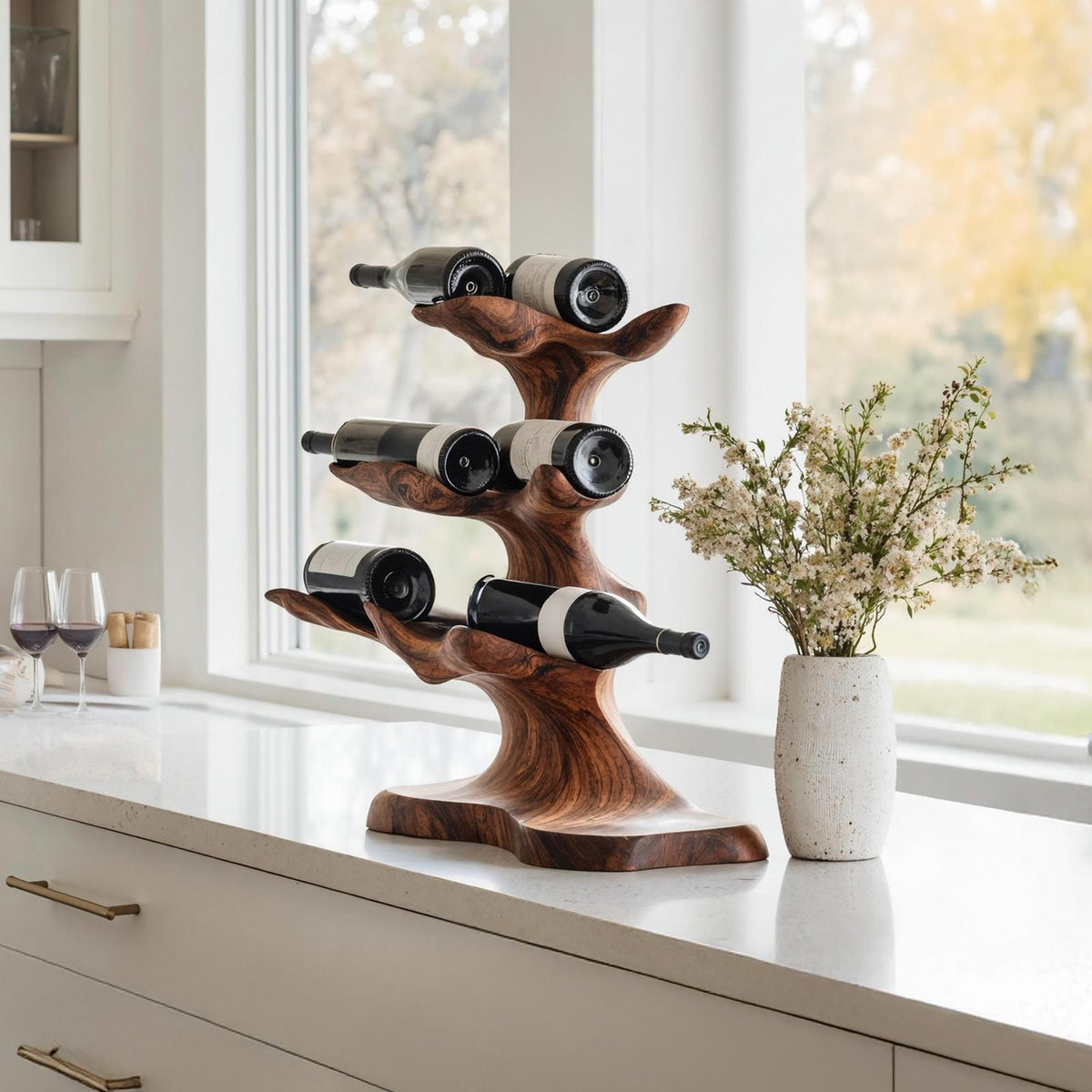 Rustic Countertop Wine Rack, Handcrafted Vintage Wood Wine Bottle Holder & Storage Organizer for Kitchen Cabinet